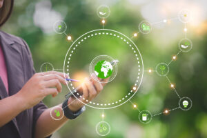 woman using tablet for environmental icons